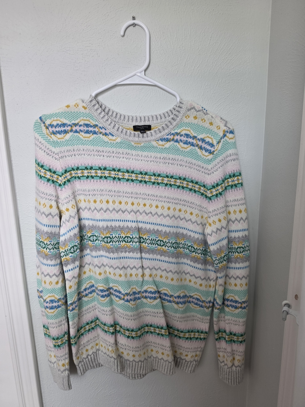 Talbots Petite Pastel Fair Isle Merino Wool Blend Sweater